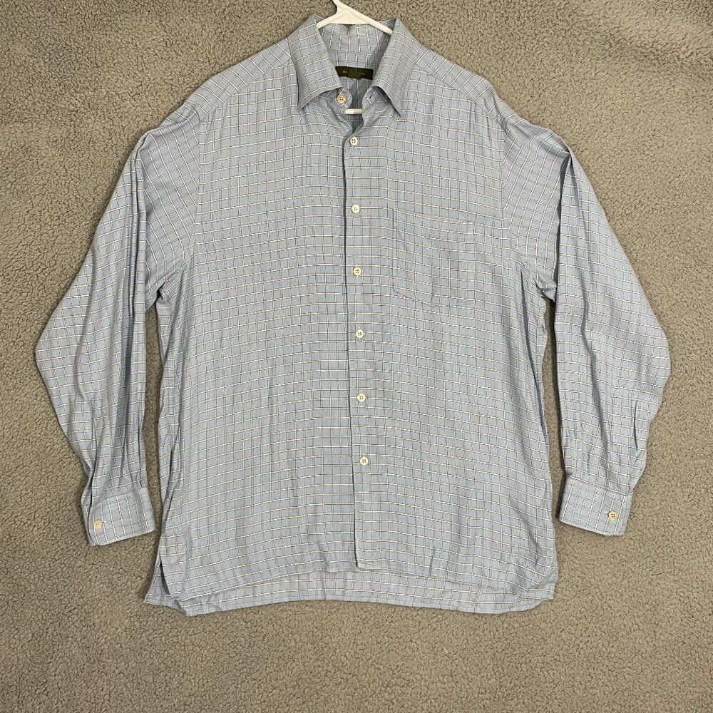 Ermenegildo Zegna Dress Shirt Men L Blue Plaid Button Front Pocket Made in Italy
